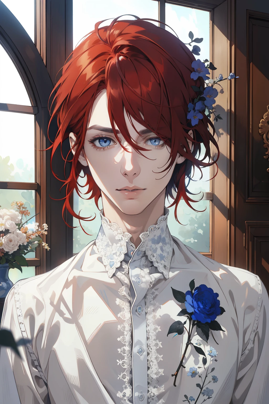 1 man, Realistic, master-piece, bestquality, Beautiful, detailed eyes and detailed faces.,natural light, European retro, White shirt, lace, Long dark grey red hair, blue grey eyes, attractive, depressed, Decorative flowers, sunbeam, 31 years.