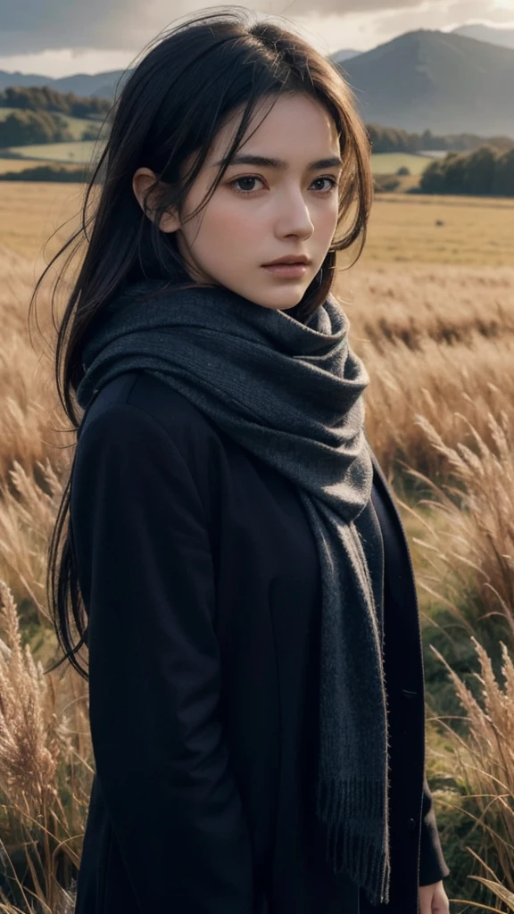 8k, best quality, masterpiece, realistic, ultra detail, photo realistic, Increase quality, 
a photo of a girl standing in a field with a scarf, in the style of dark and brooding designer, voluminous mass, photobash, serene faces, jagged edges, navy, natural beauty, close-up shot

