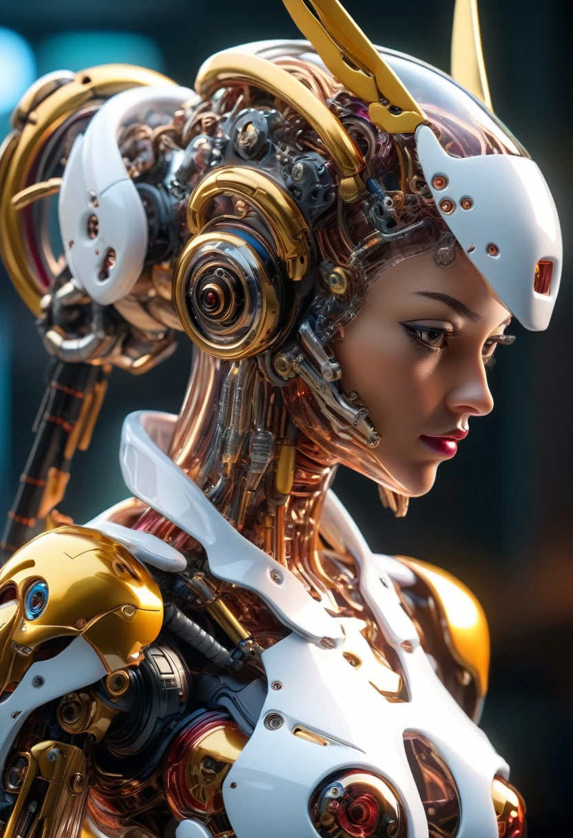 ((Best Quality)), ((Masterpiece)), (Very Detailed: 1.3), 3D, high saturation transparent robot transparent mecha valkirie-mecha, sexy cyberpunk (Virginian) woman wearing crown, with master chief style armor, brunette hair with braids, sci-fi technology, HDR (High Dynamic Range), ray tracing, nvidia RTX, super resolution, unreal 5, subsurface scattering, PBR texture, post-processing, anisotropic filtering, depth of field, maximum sharpness and sharpness, multi-layer texture, Specular and albedo mapping, surface shading,  accurate simulation of light-material interactions, perfect proportions, octane rendering, duotone lighting, low ISO, white balance, rule of thirds, wide aperture, 8K RAW, high efficiency subpixels, subpixel convolution, light particles, light scattering, Tyndall effect, (very Beautiful , full body, battle pose), 