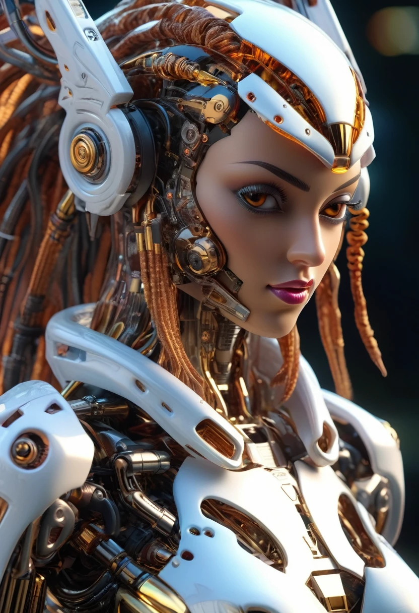 ((Best Quality)), ((Masterpiece)), (Very Detailed: 1.3), 3D, high saturation transparent robot transparent mecha valkirie-mecha, sexy cyberpunk (Virginian) woman wearing crown, with master chief style armor, brunette hair with braids, sci-fi technology, HDR (High Dynamic Range), ray tracing, nvidia RTX, super resolution, unreal 5, subsurface scattering, PBR texture, post-processing, anisotropic filtering, depth of field, maximum sharpness and sharpness, multi-layer texture, Specular and albedo mapping, surface shading,  accurate simulation of light-material interactions, perfect proportions, octane rendering, duotone lighting, low ISO, white balance, rule of thirds, wide aperture, 8K RAW, high efficiency subpixels, subpixel convolution, light particles, light scattering, Tyndall effect, (very Beautiful , full body, battle pose), 