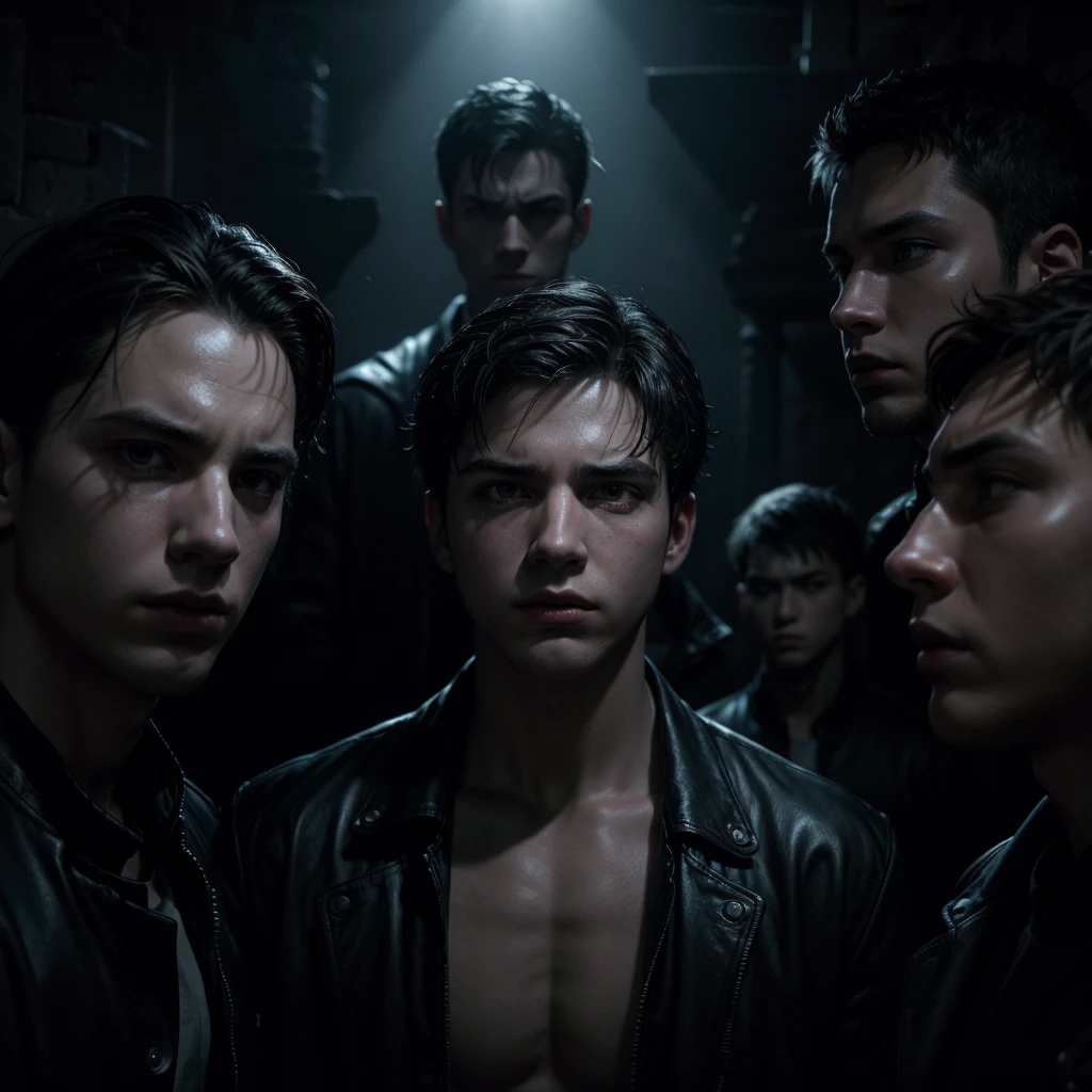 a group of 7 young men with different personalities in a dark setting, intricate details, hyperrealistic, cinematic lighting, dramatic shadows, moody atmosphere, chiaroscuro, photorealistic, striking poses, compelling expressions, tenebrism, dramatic contrast, impactful composition, visually striking