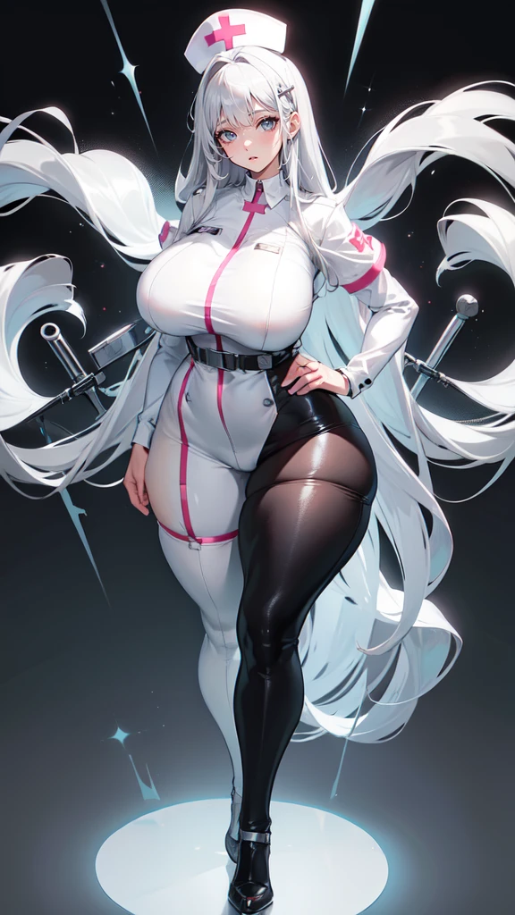 ((blank background)), masterpiece, best quality, silver hair, (massive breast:1), ((full body framing)), symmetry, nurse woman, nurse uniform, nurse cap, long pants, ((curvy)), wide hips thick thighs