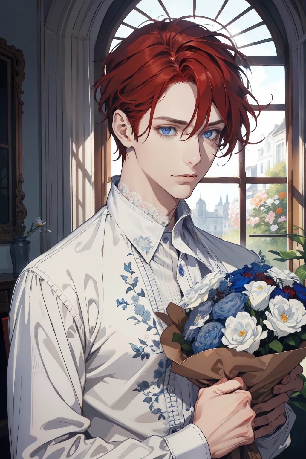 1 man, Realistic, master-piece, bestquality, Beautiful, detailed eyes and detailed faces.,natural light, European retro, White shirt, lace, Long dark grey red hair, blue grey eyes, attractive, depressed, Decorative flowers, sunbeam, 31 years.