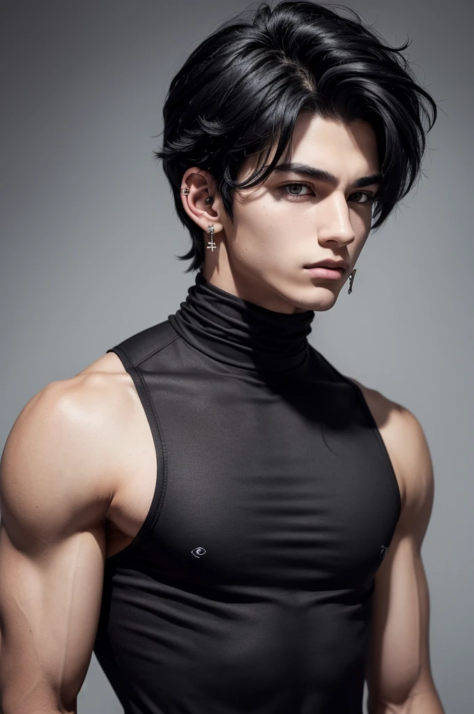 ((Teenage boy)), ((Bblack hair)), ((ear piercing)), ((beautiful)), (sleek details)), ((Muscular and lean)), ((Youngh)).
