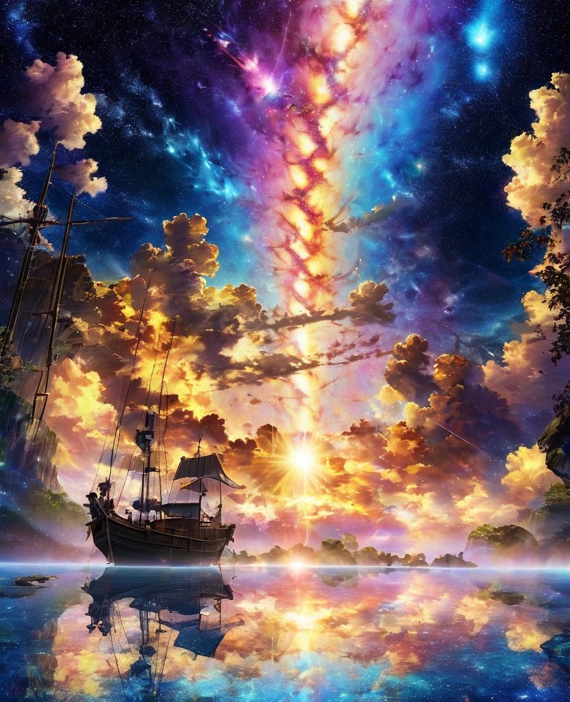 (panoramic, center, masterpiece, best quality: 1.2), (8K、original photo、best quality、look up:1.2、masterpiece:1.2、realistic、Ultra-high resolution、High contrast、Light子映射、real、Very detailed、Official Art, original photo、professional Lighting、 Light、Vivid atmosphere、twiceLight) , (1 girl), (一只White小猫),Seven planets shining in the night sky、一个女孩和一只White小猫正在飞艇的观景台上向外张望.。The Milky Way shines in the night sky、The spectacular scenes of creation will move you deeply.。The star on the sky々The rainbow shines。An adventurous atmosphere。Happy and fun atmosphere。High fantasy world, Grand composition and beautiful depiction of proportions, Guardian nebula of rainbow Light and silvery vapor, Corrosion surrounding ray series color, Sticky air,White,Magician,Staff