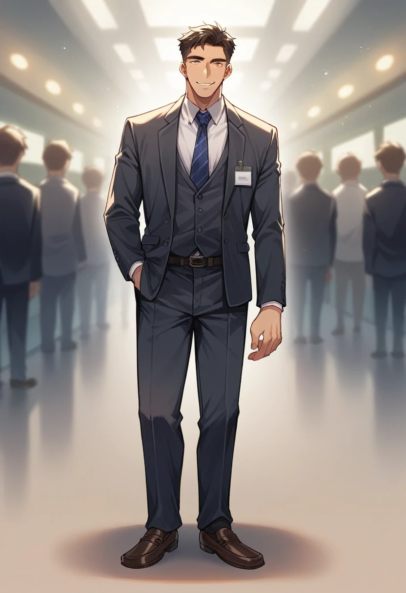 In a minimalist office setting with modern furnishings blurred in motion, creating a beautiful bokeh effect in the background, a confident man stands tall. He is sharply in focus, dressed in a full smart office suit, and has a confident smile on his face. The image is realistic and captured in a wide or ultrawide format, showing a full body view of the man.
