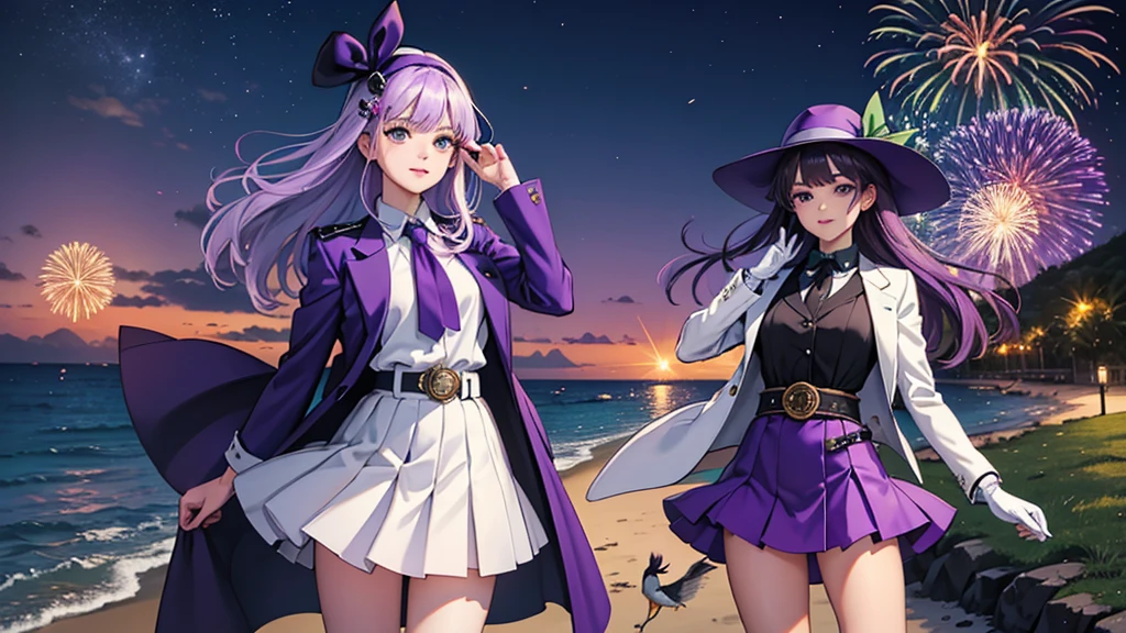 work of art, best qualityer, the mouse herons, purple hat, hair clip, green ribbon, jacket purple, whitegloves, waist belt, purple miniskirt, trunk, blushful, ssmile, gazing at viewer, beachfront, natta, moonligh, fireworks, hands on chest