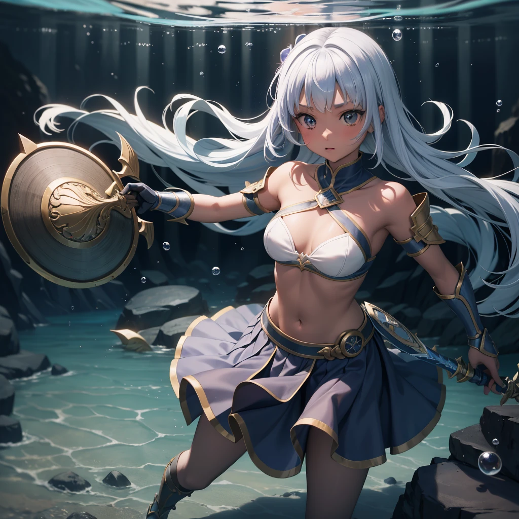 最high quality、high quality、Simple Cloth Armor、Chibi Girl Adventurer、Tiny breasts、Pitch-dark underground labyrinth、No light、skirt、Equipped with a dagger and a shield、Face above water、Body in the water, Underwater photography、浮力でskirt捲れる