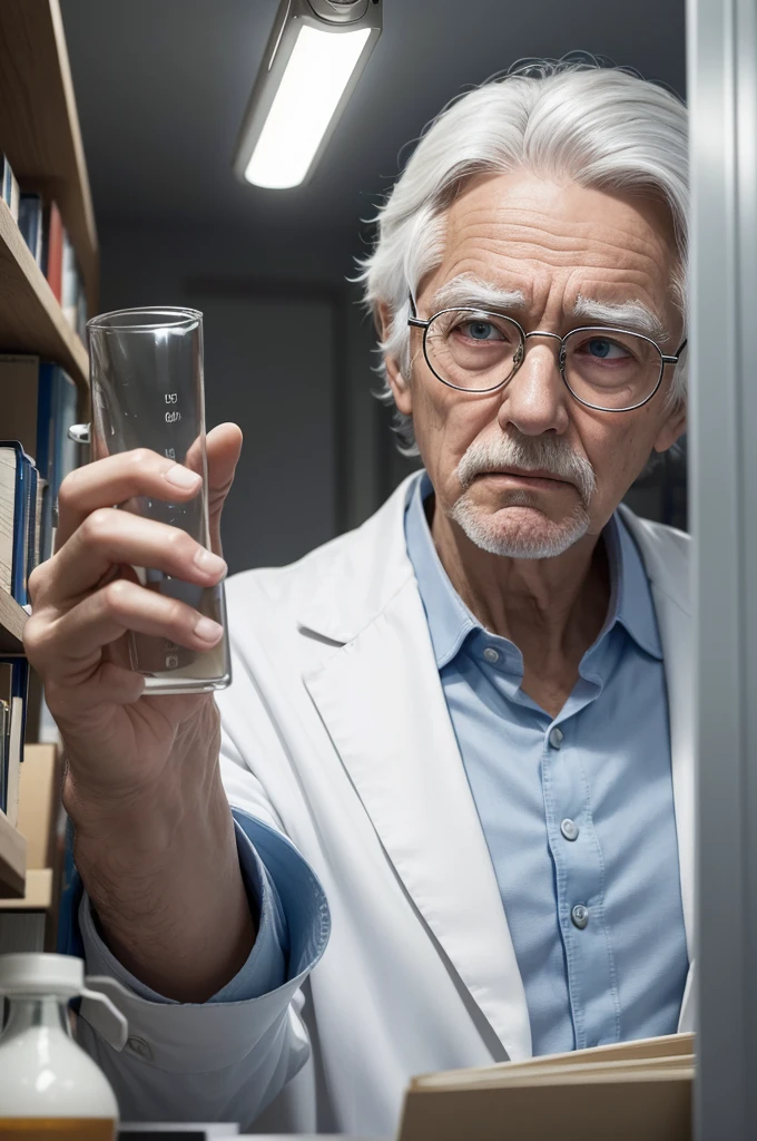 "An elderly scientist, with white hair and an expression of intense curiosity, is in his laboratory full of advanced scientific equipment. He is wearing a white coat over a light blue button-down shirt., while examining a glowing substance in a test tube. The soft light of the laboratory illuminates his wrinkled face, revealing piercing eyes behind thin-rimmed glasses. Ao fundo, shelves full of books and more scientific instruments complete the environment of discovery and innovation."