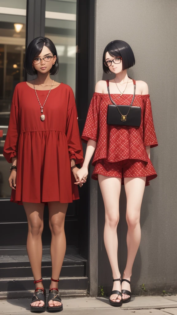 with red over-the-shoulder Chanel hair who wears glasses with a loose blouse and shorts and a dark-skinned male friend who wears glasses, low hair with everyday clothes