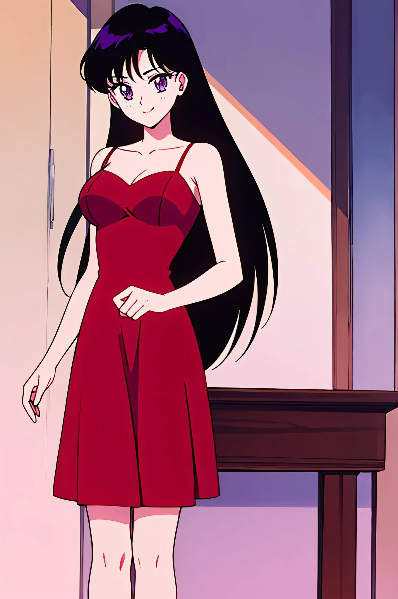 1 girl, solo, Rei Hino, very long hair, black hair, parted bangs, purple eyes, 1990s \(style\), Best quality, masterpiece, High Definition, short red dress, taut dress, spaghetti strap red dress, sleeveless, standing in her living room, cowboy shot, medium breast, smile,