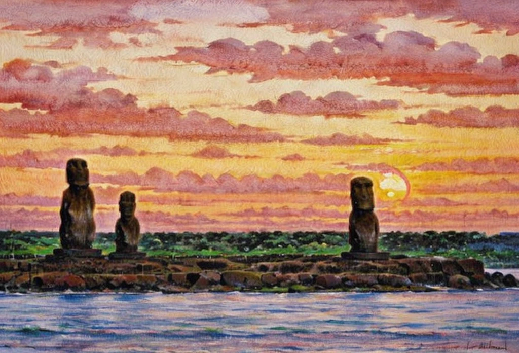 loose watercolor painting RapaNui at Easter island under sunset