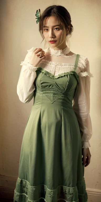 ((masterpiece)), (best quality), (simple style), green dress, Butterfly heart, pleated lace, Edwardian lace dress. add skin blemishes, acnes, spots beautifully,  no nsfw