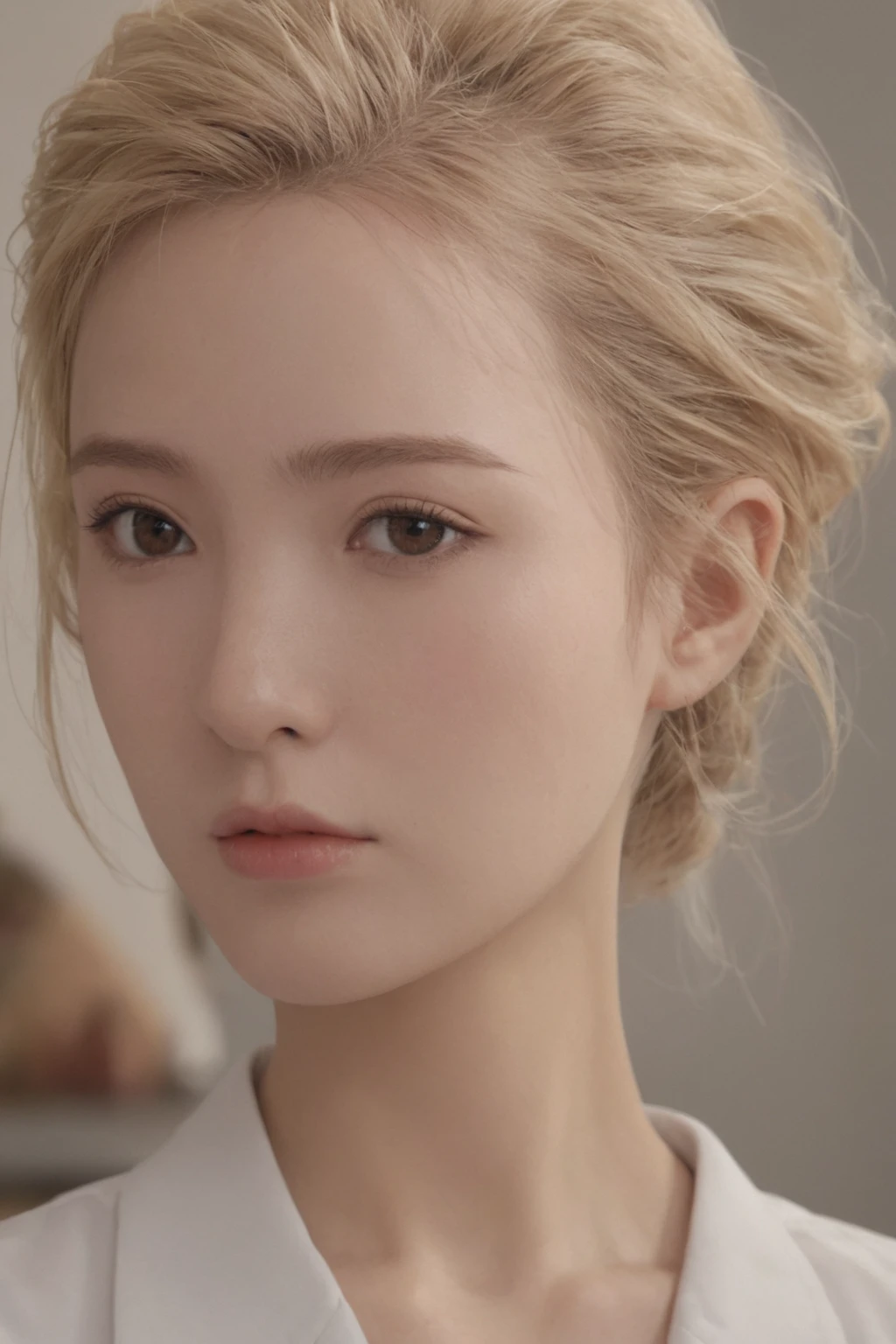 Best Quality, 8K, Masterpiece, (photo realistic:1.3), (hyper realistic:1.3), (Create an image maintaining the original base model hairstyle:1.5), (white shirt:1.4)
