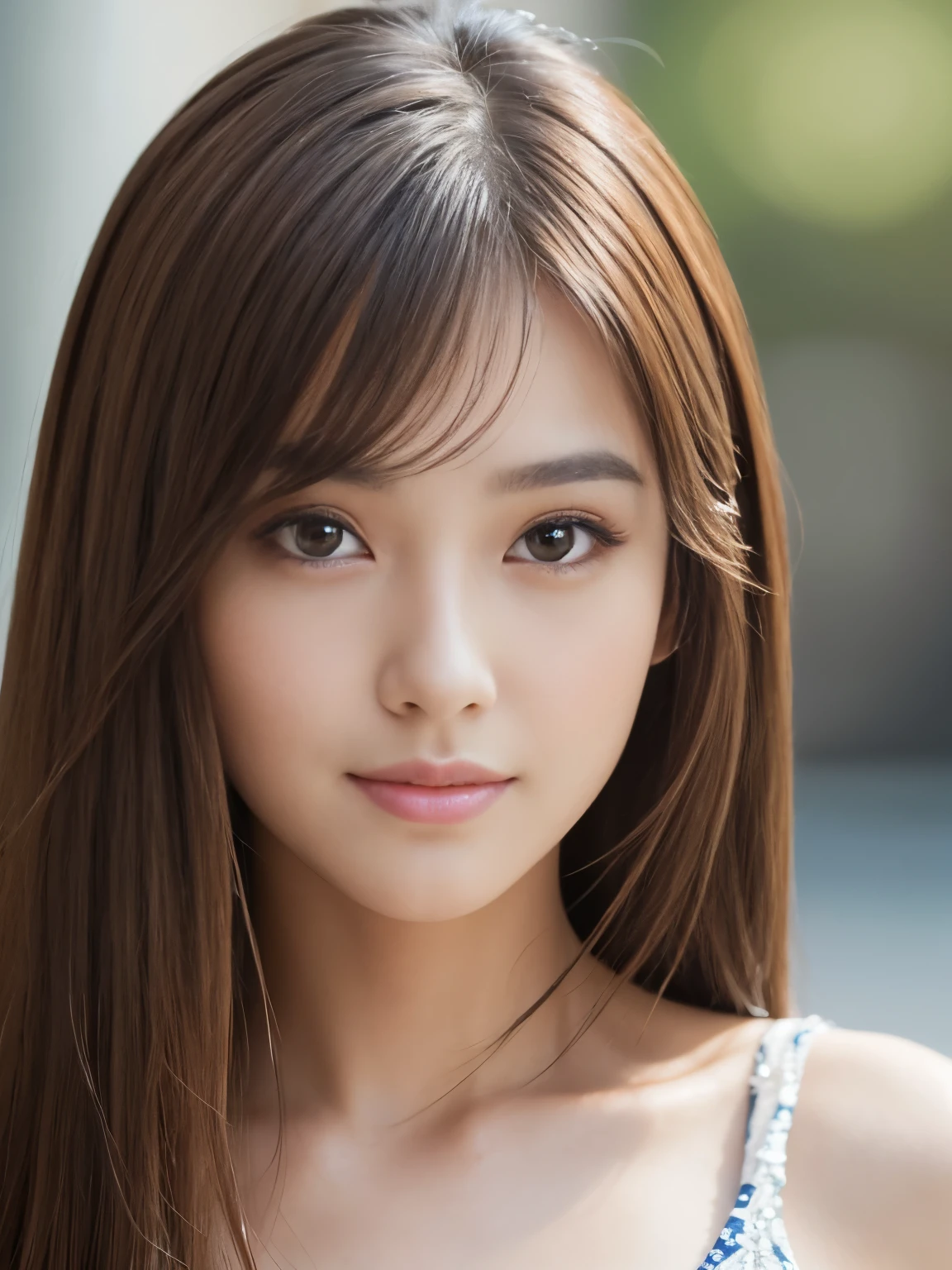 (RAW Photos), (Photorealistic), (masterpiece), (Highest quality), High resolution, 8K resolution, (Intricate details), (Light and voluminous), Portraiture, woman, Medium Hair, Straight hair, Layered Hair, Brown Hair, Highly detailed eyes, Very fine eyebrows, Highly detailed skin, Highly detailed mouth, Highly detailed nose, Cute like an idol, smile, ((Thick lips)), ((look into the viewer'Eyes)), (Shapely ), (Cleavaggant see-through blouse), (Westshot), Bright cafe terrace background with cityscape view, Bodies facing random directions,