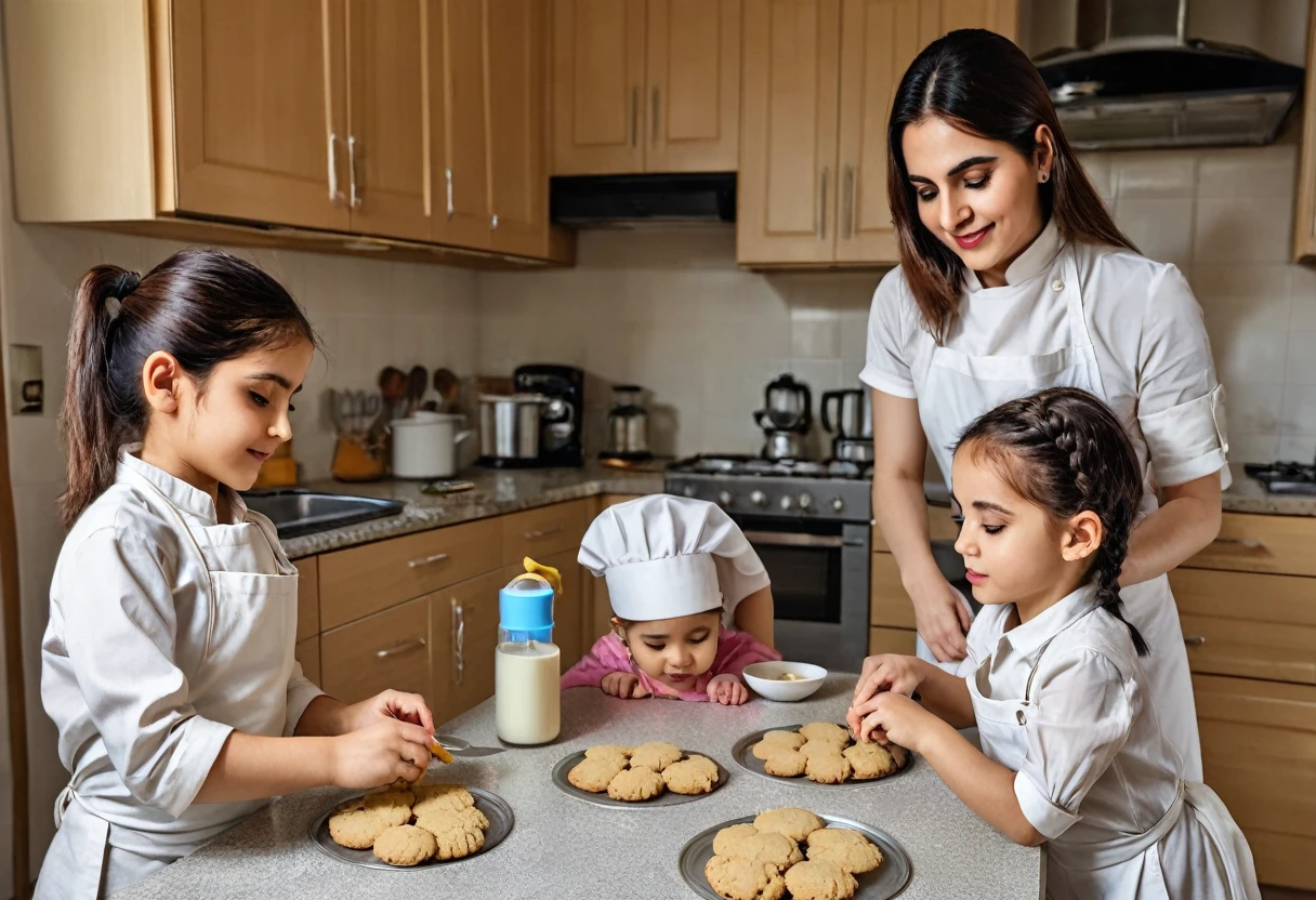 araffes and children in the kitchen preparing cookies on a counter, Bake cookies, Mixed Art, Hot ，, in the kitchen, baking a cake, recipe, 3 4 5 3 1, cooking show, photo, cooking, In line with Egyptian tradition, pixabay, Portraits, photography, photo拍摄, Artistic Interpretation, Pixel, Production is still in progress