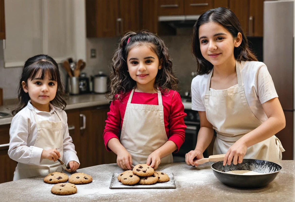 araffes and children in the kitchen preparing cookies on a counter, Bake cookies, Mixed Art, Hot ，, in the kitchen, baking a cake, recipe, 3 4 5 3 1, cooking show, photo, cooking, In line with Egyptian tradition, pixabay, Portraits, photography, photo拍摄, Artistic Interpretation, Pixel, Production is still in progress