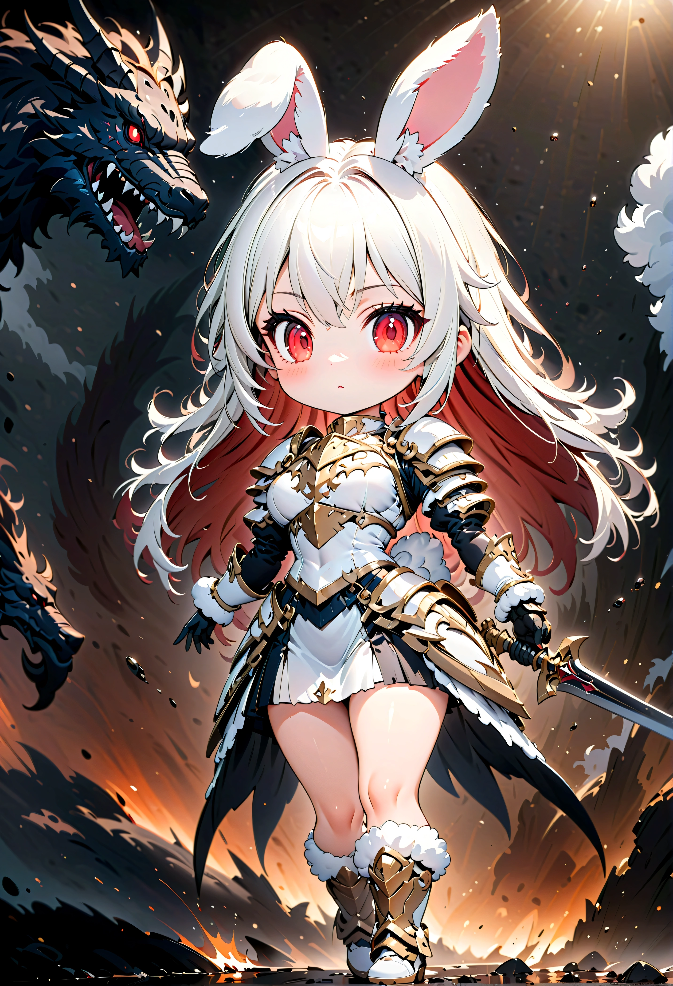 (3D,3D Art),#quality(8k,wallpaper of extremely detailed CG unit, masterpiece,hight resolution,top-quality,top-quality real texture skin,hyper realisitic,increase the resolution,RAW photos,best qualtiy,highly detailed,the wallpaper), BREAK ,solo,#1girl(human,chibi:2.0,cute,kawaii,small ???,hair white and long,(white fluffy rabbit ear:1.5),beautiful big red eyes,skin color white,big hairbow,wearing white armor,knight,short skirt,breast,holding sword),#background(fantasy,black dragon,monsters),(chibi:1.5),anime style,oil painting