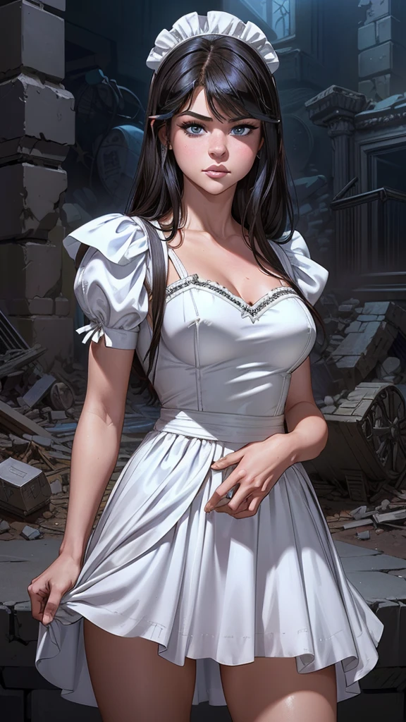 (La Best Quality,A high resolution,Ultra - detailed,actual),Selena Gomez in a gray dress and a white helmet, (cosplay of a catboy! maid! dress:1.4) ,( loli in dress:1.4) , (tsubasa nakai's style:1.4) , Yoshitomo Nara and Aya Takano, (Kantai Collection Style:1.4) , chiho, japanese city street fashion, belle delphine, motto hole, the robot wearing her human mask, ,(Ruined dungeon ruins background:1.4 ), More detailed 8K.unreal engine:1.4,UHD,La Best Quality:1.4, photorealistic:1.4, skin texture:1.4, Masterpiece:1.8,first work, Best Quality,object object], (detailed face features:1.3),(The correct proportions),(Beautiful blue eyes),  (cowboy pose),( Selena Gomez :1.4), (perfect anatomy :1.4), (skirt lifted by itself: 1.1), (skirt lift: 1.3), (showing white panties: 1.3), (face detailed Selena Gomez :1.4) 