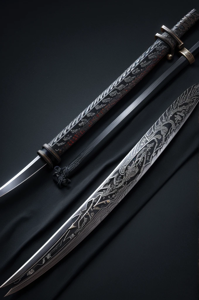 A Japanese katana , Its blade is a black metal with glowing runes, and the hilt was adorned with ancient dragon scales and inscriptions from ancient divine languages.