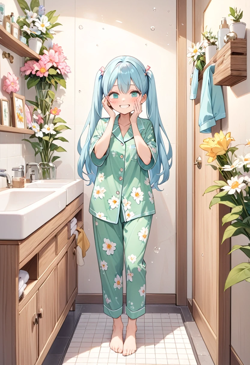Light blue long hair、Twin-tailed Girl、Green pajamas with floral print、smile、Washing her face in the bathroom、A lot of margaret flowers are displayed、Splash