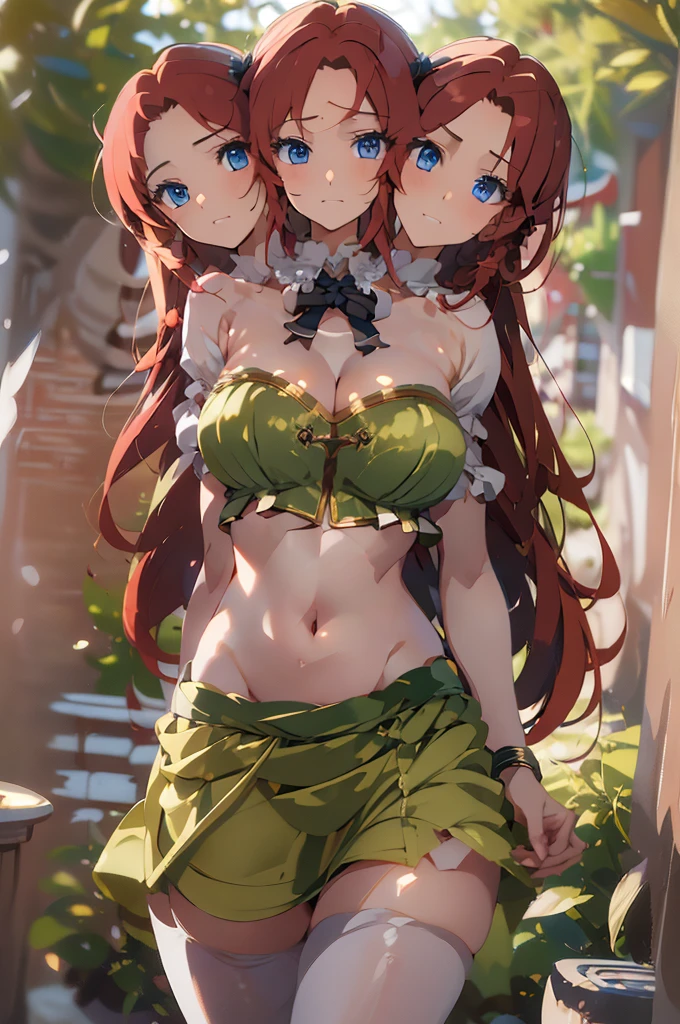 (masterpiece, best quality),best quality, (ultra-detailed), (3heads:1.5), 1girl, (ultra-detailed), (3heads:1.5), 1girl, (hong meiling:1.3), masterpiece, (best quality:1.5, highres, UHD), highres, absurdo, ultra detail, ultra quality, Ultra resolution, green top, crop top, ((stomach)), midriff, ((groin)), green skirt, miniskirt, normal ears, shackles, (red hair), very long hair, wavy hair, sidelocks, blue eyes, parted lips, midriff, sweat, cute, toned belly, hand on own chest, eyelashes, (24 year old woman:1.3), (masterpiece:1.5), (best quality:1.5), (beautiful detailed), extremely detailed CG, extremely delicate and beautiful, depth of field, (finely detailed face), (perfect details:1.2), (mature female:1.3), wide pelvis, slender, large veiny breast, 16k resolution, high quality, high definition, extremely detailed, masterpiece, (red hair), long hair, (same hair color), alluring presence, twin braid, short skirt, close up, very big tits, huge tits, young, striped, green beret, hair ornament, chinese clothes, star hat ornament, open belly, nsfw,
