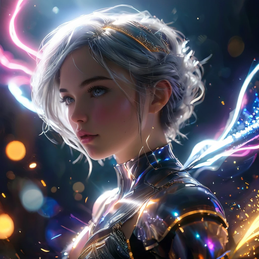 (extremely detailed CG unity 8k wallpaper, masterpiece, best quality, ultra-detailed), (best illumination, best shadow, an extremely delicate and beautiful), a cool, dynamic, and original young girl character with a (dynamic pose) and silver (pixie cut hair: 1.3) that reflects the light beautifully.