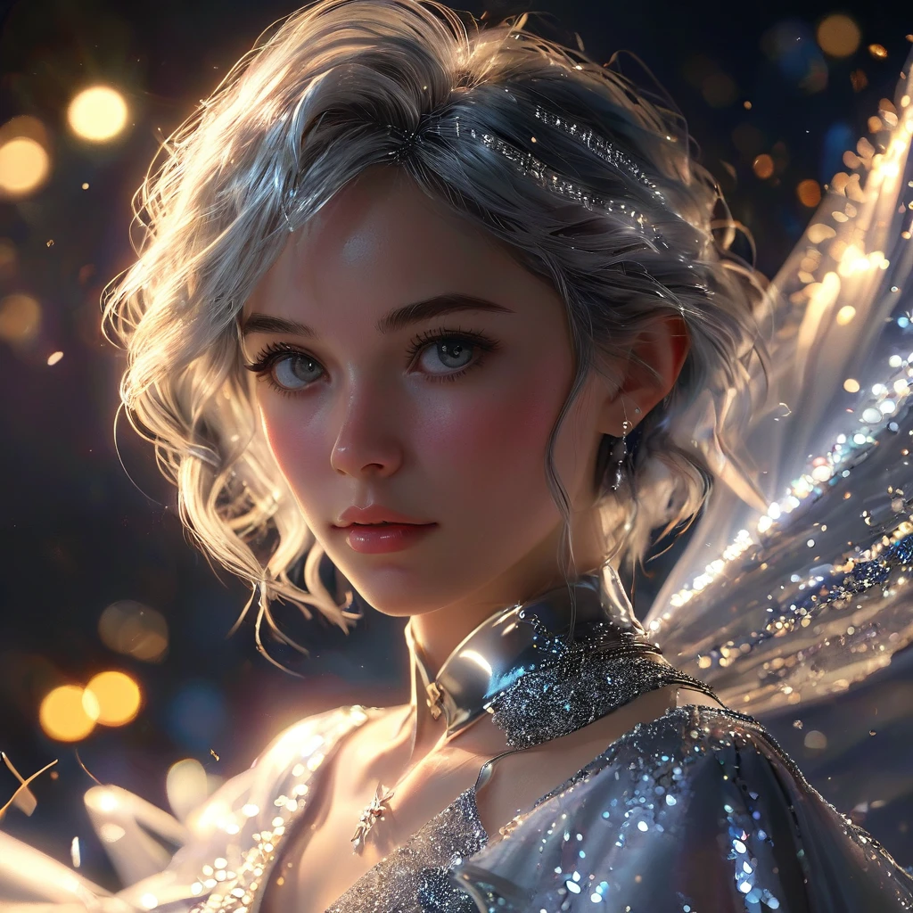 (extremely detailed CG unity 8k wallpaper, masterpiece, best quality, ultra-detailed), (best illumination, best shadow, an extremely delicate and beautiful), a cool, dynamic, and original young girl character with a (dynamic pose) and silver (pixie cut hair: 1.3) that reflects the light beautifully.