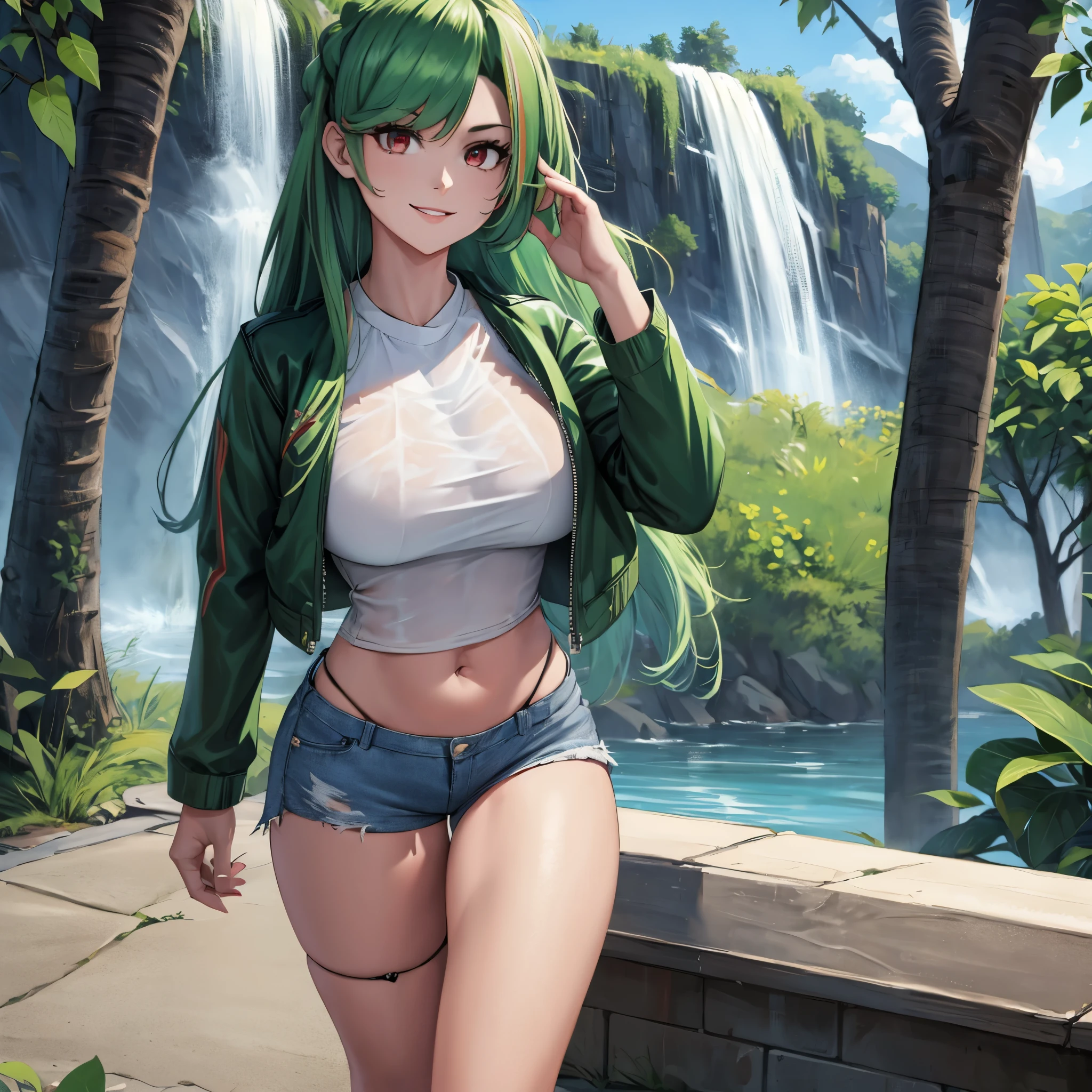 A woman wearing a long-sleeved green leather jacket, white shirt, black denim shorts, exposed thigh, casual sneakers, green hair, long hair, red bangs, multicolored hair, red eyes, walking on a concrete sidewalk in a park, waterfall background, smiling, big breasts, perfect face, very detailed eyes, ultra quality,(solo woman),.HDR, ultra resolution, well defined, masterpiece, 8K HD. (solo woman)
