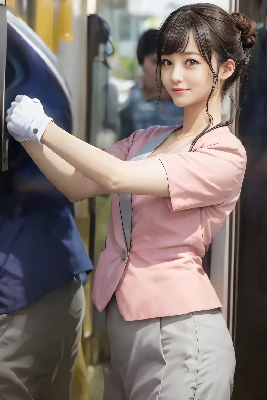 (masterpiece:1.2, Highest quality:1.2), 32k HDR, High resolution, (alone、1 girl)、（On the rooftop of a building in the daytime、Professional Lighting）、Building rooftop background、（Nankai train crew uniform pinkを着たリアルスタイル）、（Nankai train crew uniform pink short sleeve collarless pink jacket、Nankai Train Crew Uniform Pink Collarless Short Sleeve Blouse、Nankai Train Crew Uniform Pink Grey Knee-length Culottes）、（（The bottom of the pink short-sleeved jacket cannot be tucked into the clay-colored culottes.））、Dark brown hair、（Hair tied up、Hair Bun、Hair Bun）、Dark brown hair、Long Shot、Big Breasts、Thin legs、（（Great hands：2.0）），（（Harmonious body proportions：1.5）），（（Normal limbs：2.0）），（（Normal finger：2.0）），（（Delicate eyes：2.0）），（（Normal eyes：2.0））)、（Nankai Train Crew Uniform Pink Grey Knee-length Culottesを見せた美しい立ち姿）、smile
