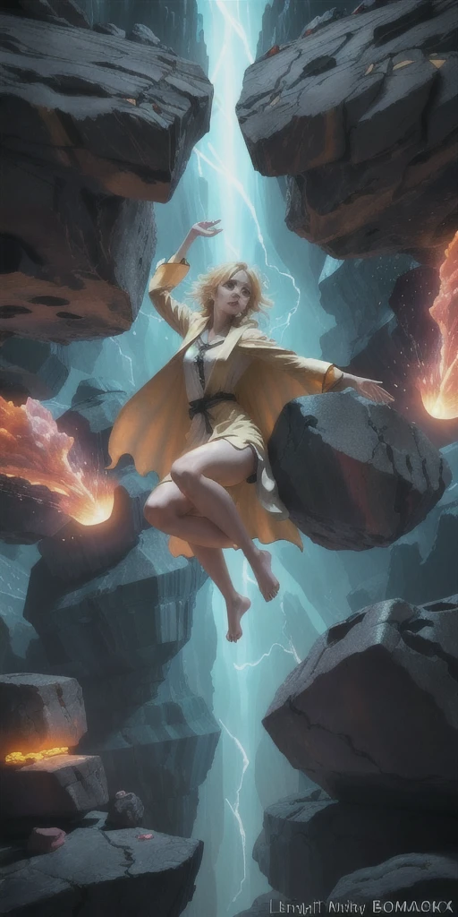 female barefoot summoner levitating with blonde hair robes and cape arms lifted up over a broken earth bright lava light from below asteroid field (jagged rocks boulders and debris shooting into the air:1.3) (windy dust debris storm:1.1) volumetric fog mist ray tracing z pass bright light from below, (masterpiece) (best quality) (detailed) (8k) (cinematic lighting) (sharp focus) (intricate)