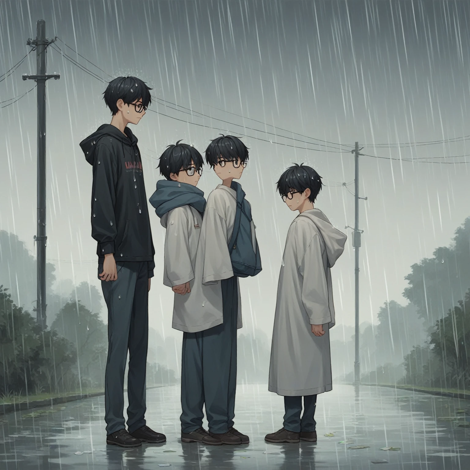 score_9, score_8_up, score_7_up, score_6_up, score_5_up, score_4_up, BREAK source_anime, girl and boy, Friends from the program, white girl, black boy, baggy clothes, glasses, raining confetti