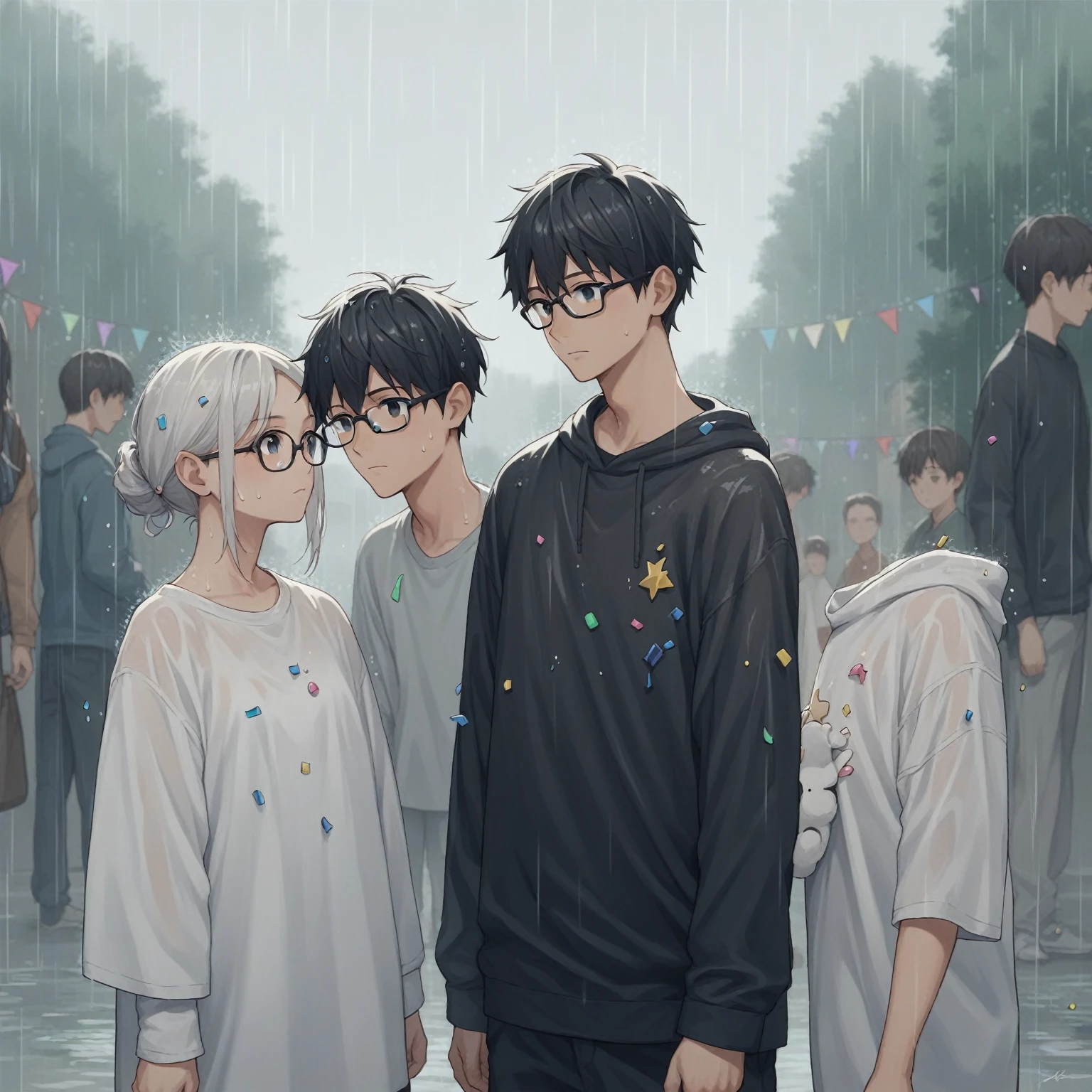 score_9, score_8_up, score_7_up, score_6_up, score_5_up, score_4_up, BREAK source_anime, girl and boy, Friends from the program, white girl, black boy, baggy clothes, glasses, raining confetti