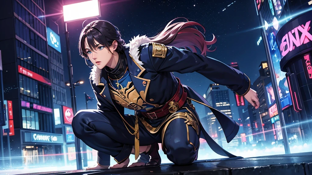 アニメ, paladin, background light effects, city scenery in the background, hip hop