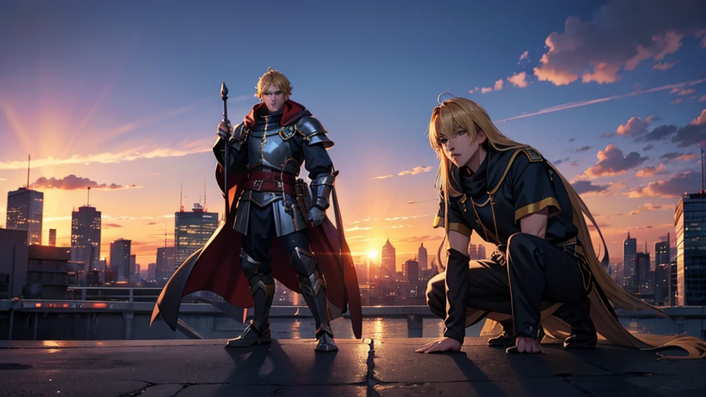 アニメ, paladin, background light effects, city scenery in the background, hip hop
