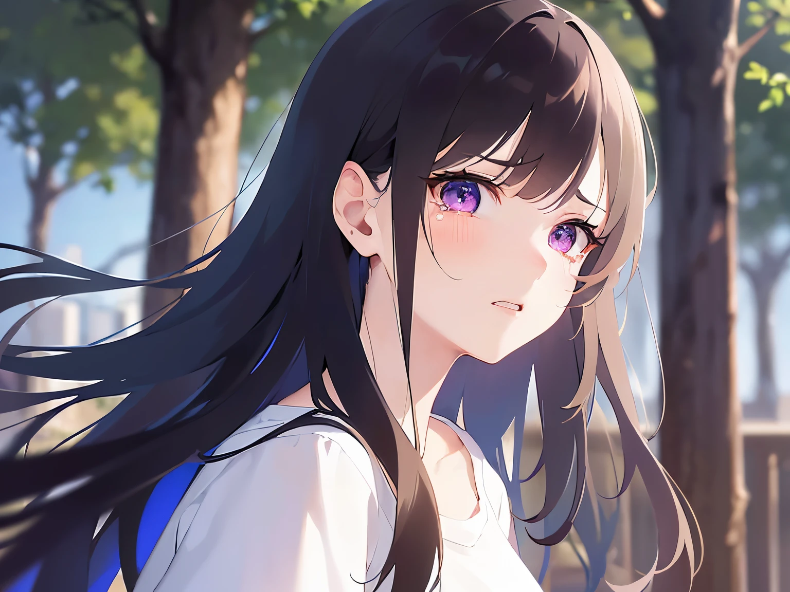 Detailed CG, Ultra-fine illustrations,masterpiece,highest quality, AW Photos,(Pale skin:1.2),Shiny skin Shiny Hair,(A 26-year-old woman with straight hair and bangs)and(Medium Hair)and(Black Hair)and(Purple eyes),BREAK(White T-shirt:1.5)BREAK,(angry:1.3),(tears:1.3),The background is a green park,alone,