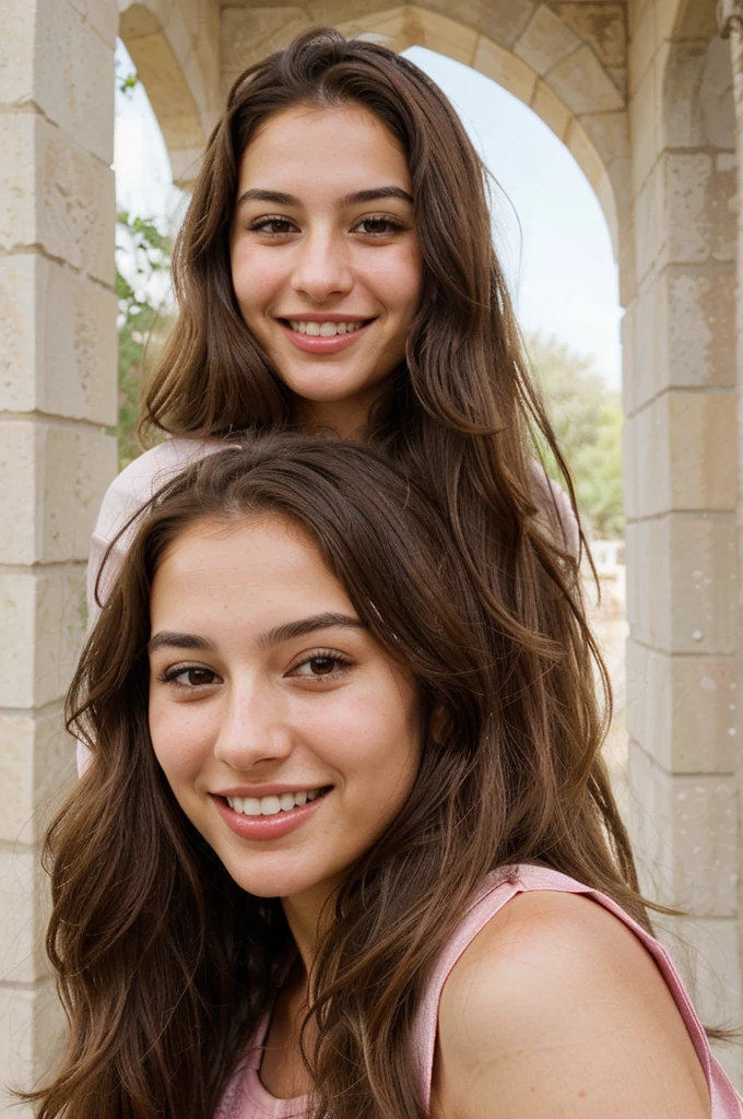 A highly realistic scene of two Italian sisters, aged 13 and 9, savoring ice cream cones on the balcony of their home in a lively Italian town on a sweltering day. The older sister, aged 13, stands tall with a slender build, shoulder-length brown hair, and expressive eyes. She wears a short, sleeveless summer dress with a floral pattern, slightly above her knees. Her radiant smile and flushed cheeks from the heat add to her youthful elegance as she laughs heartily at a joke.

The younger sister, aged 9, is shorter and more , with long, wavy brown hair tied back with a ribbon. She wears a similar short, sleeveless dress with a playful pattern. Her face lights up with joy as she looks up at her older sister, laughing with wide, animated eyes. Both girls show signs of the oppressive heat, with a slight sheen of sweat giving their skin a natural, radiant glow.

The balcony, adorned with a few potted plants and a small table, overlooks a bustling Italian town. The background reveals a vibrant street scene with narrow cobblestone roads, traditional tiled rooftops, and neighbors visible on nearby balconies. The sun is high in the sky, casting strong light and creating deep shadows, emphasizing the heat of the day. The ice cream cones are beginning to melt, adding to the playful and carefree atmosphere. This scene captures the sisters' joyful interaction, their laughter and relaxed posture highlighting their natural beauty against the spirited backdrop of a sun-soaked Italian town
