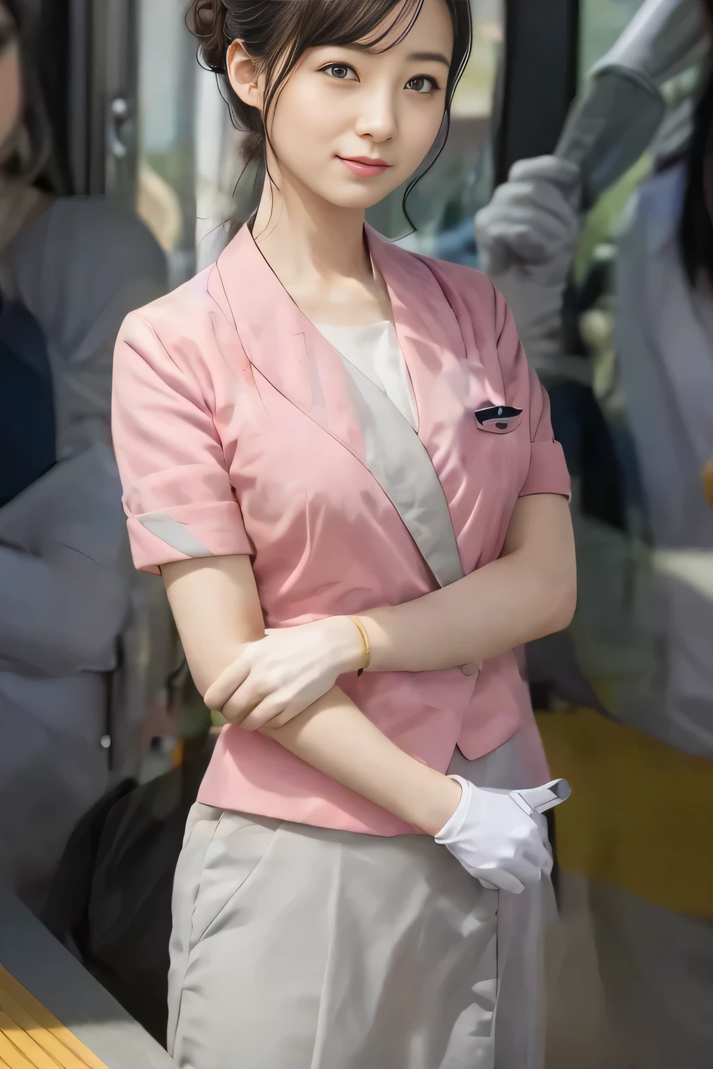 (masterpiece:1.2, Highest quality:1.2), 32k HDR, High resolution, (alone、1 girl)、（On the rooftop of a building in the daytime、Professional Lighting）、Building rooftop background、（Nankai train crew uniform pinkを着たリアルスタイル）、（Nankai train crew uniform pink short sleeve collarless pink jacket、Nankai Train Crew Uniform Pink Collarless Short Sleeve Blouse、Nankai Train Crew Uniform Pink Grey Knee-length Culottes）、（（The bottom of the pink short-sleeved jacket cannot be tucked into the clay-colored culottes.））、Dark brown hair、（Hair tied up、Hair Bun、Hair Bun）、Dark brown hair、Long Shot、Big Breasts、Thin legs、（（Great hands：2.0）），（（Harmonious body proportions：1.5）），（（Normal limbs：2.0）），（（Normal finger：2.0）），（（Delicate eyes：2.0）），（（Normal eyes：2.0））)、（Nankai Train Crew Uniform Pink Grey Knee-length Culottesを見せた美しい立ち姿）、smile