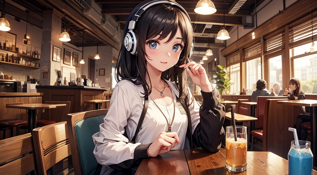 Girl with headphones enjoying music in a cafe I am studying Emphasize a little bit of the chest