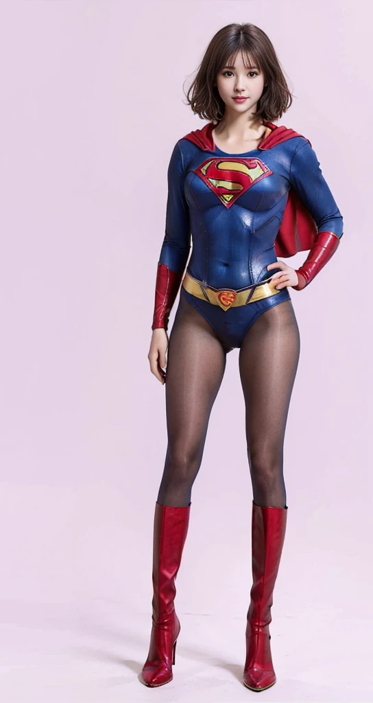 No background、(((Beautiful legs in black tights.)))、(((Legally express the beauty of your smile)))、((((Make the most of your original images)))、(((Supergirl Costume)))、(((Beautiful very short hair)))、(((suffering)))、(((Please wear black tights....、Wear red boots)))、((Best image quality、8K))、((Highest quality、8K、masterpiece:1.3))、(((Preserve background )))、Sharp focus:1.2、Beautiful woman with perfect figure:1.4、Slim Abs:1.2、Wet body:1.5、Highly detailed face and skin texture、8K
