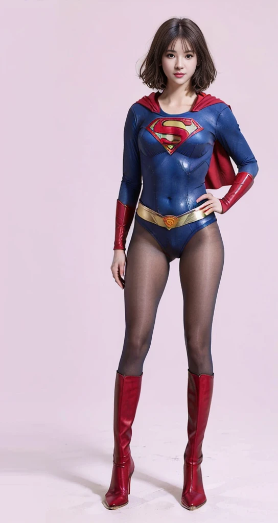 No background、(((Beautiful legs in black tights.)))、(((Legally express the beauty of your smile)))、((((Make the most of your original images)))、(((Supergirl Costume)))、(((Beautiful very short hair)))、(((suffering)))、(((Please wear black tights....、Wear red boots)))、((Best image quality、8K))、((Highest quality、8K、masterpiece:1.3))、(((Preserve background )))、Sharp focus:1.2、Beautiful woman with perfect figure:1.4、Slim Abs:1.2、Wet body:1.5、Highly detailed face and skin texture、8K