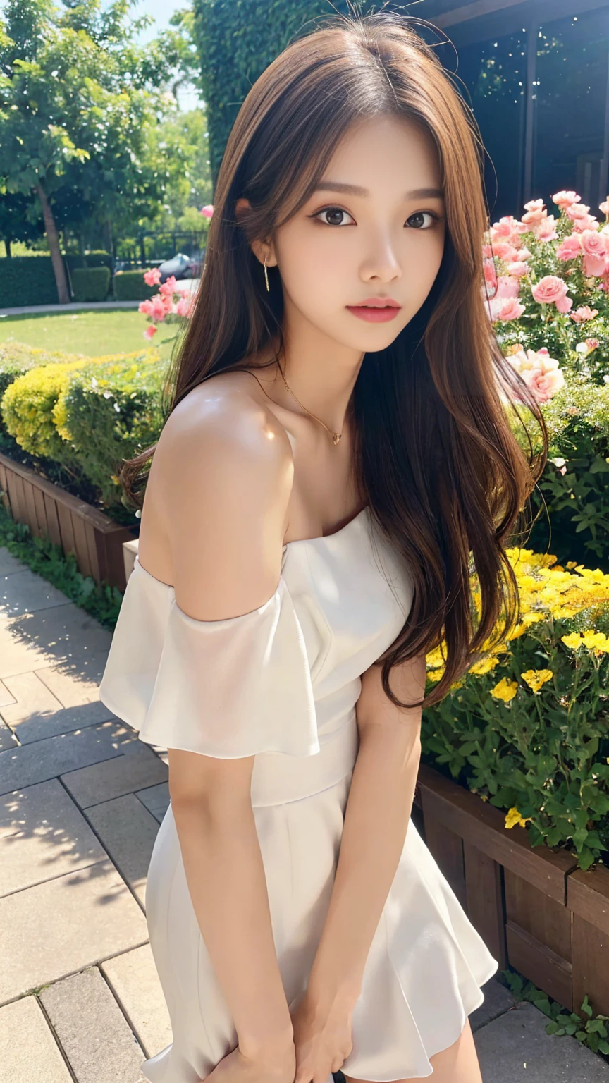 (((masterpiece:1.2,Highest quality:1.2,Photorealistic:1.2,Ultra high definition:1.2,Ultra-high resolution:1.2,Detailed Images:1.2))),Physically Based Rendering,Full body of a cute girl standing in a park full of flowers,Standing whole body,A revealing, sexy mini dress,Tube top dress,Exposed shoulders,Bare shoulders,Perfect proportions,Small waist,Perfect body,Upturned hips,double eyelid,Long eyelashes,Detailed eyes,Half Up Hair,Light Brown Hair,Look here,Long legs,Sexy pose,Attractive thighs,slender,Skinny Legs