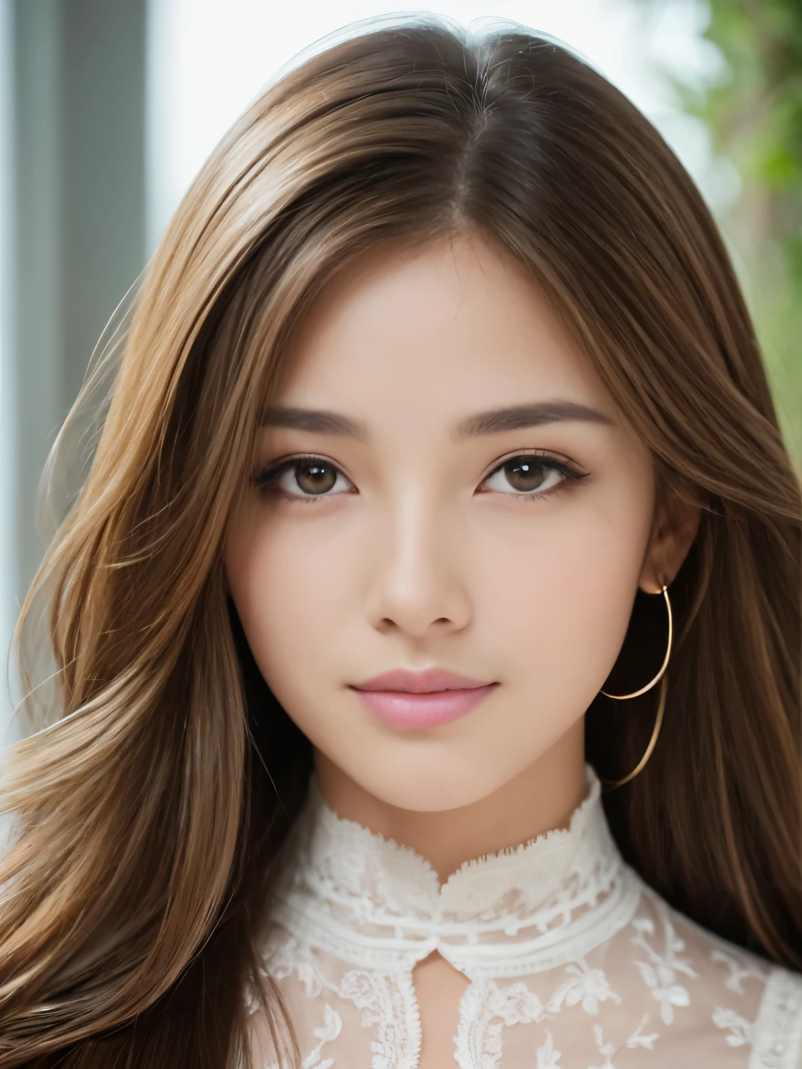 (RAW Photos), (Photorealistic), (masterpiece), (Highest quality), High resolution, 8K resolution, (Intricate details), (Light and voluminous), Portraiture, woman, Medium Hair, Straight hair, Layered Hair, Brown Hair, Highly detailed eyes, Very fine eyebrows, Highly detailed skin, Highly detailed mouth, Highly detailed nose, Cute like an idol, smile, ((Thick lips)), ((look into the viewer'Eyes)), (Shapely breasts), (Cleavage), (Elegant see-through blouse), (Westshot), Bright cafe terrace background with cityscape view, Bodies facing random directions,