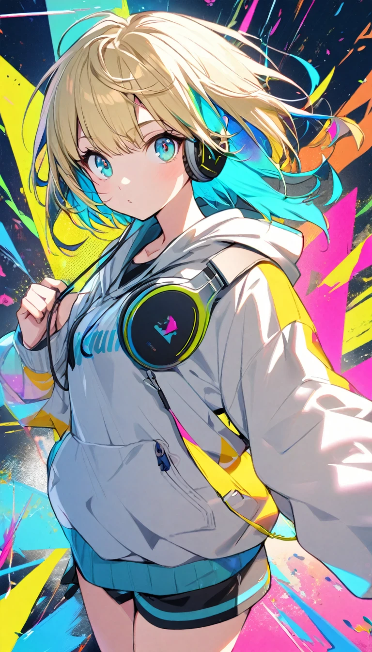 1girl, boyish, aqua eyes, blond hair, short hair, colorful inner hair, headphone, hoodie