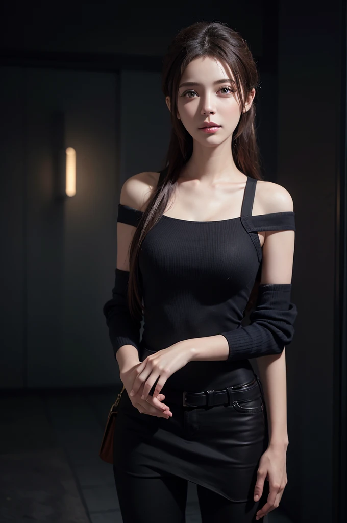 Fantasy art, photorealism, dynamic lighting, artstation, poster, volumetric lighting, very detailed faces, (official uniform: 1.4), long hair, sweater, delicate collarbone, bare shoulders, full breasts