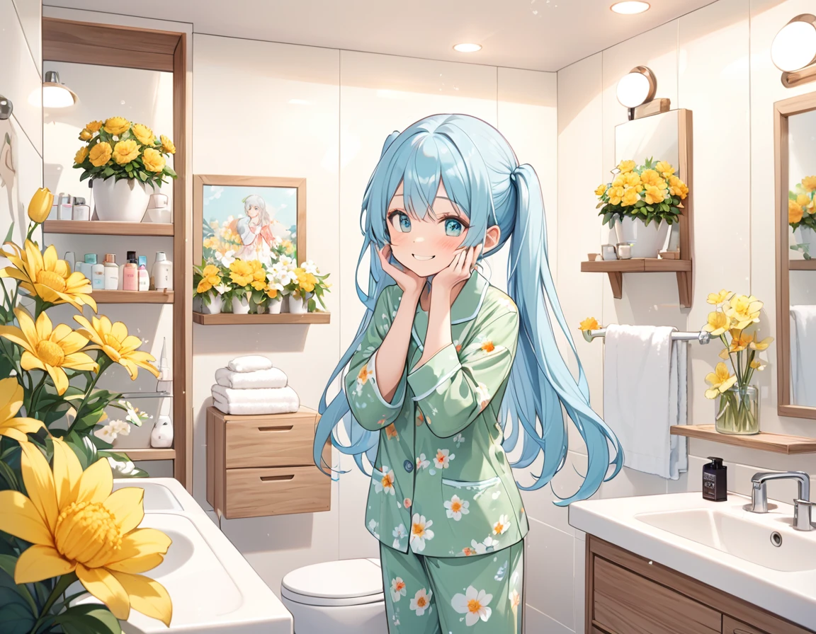 Light blue long hair、Twin-tailed Girl、Green pajamas with floral print、smile、Washing her face in the bathroom、A lot of margaret flowers are displayed、Splash
