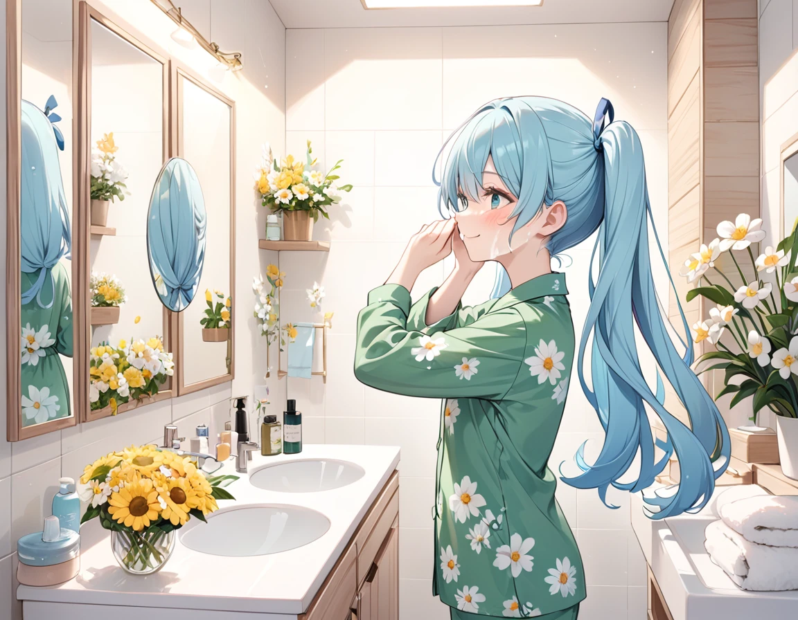 Light blue long hair、Twin-tailed Girl、Green pajamas with floral print、smile、Washing her face in the bathroom、A lot of margaret flowers are displayed、Splash
