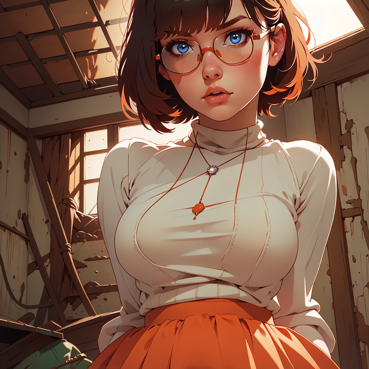 HD, 8k quality, masterpiece, Velma, dream girl huge, beautiful face, kissing lips, short bob hairstyle, long bangs, perfect makeup, realistic face, detailed eyes, diamond blue eyes, brunette hair, eyelashes, (scared:1.4), cameltoe, eyes at the viewer, orange turtleneck knit sweater, clear lens glasses, orange  girl skirt, (view from below), blush, (in abandoned house:1.4), running, cowboy shot.