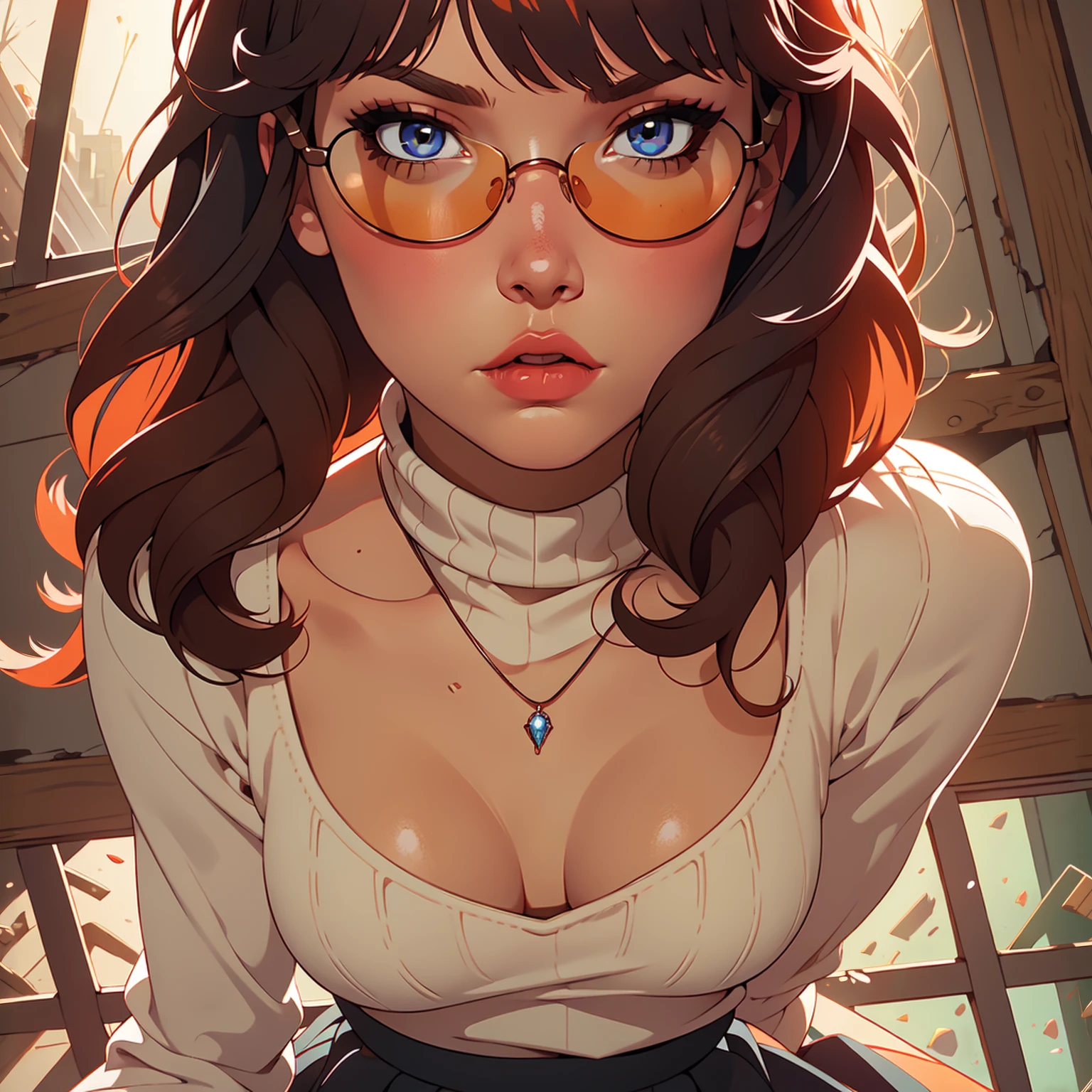 HD, 8k quality, masterpiece, Velma, dream girl huge, beautiful face, kissing lips, short bob hairstyle, long bangs, perfect makeup, realistic face, detailed eyes, diamond blue eyes, brunette hair, eyelashes, (scared:1.4), cameltoe, eyes at the viewer, orange turtleneck knit sweater, clear lens glasses, orange school girl skirt, (view from below), blush, (in abandoned house:1.4), running, cowboy shot.