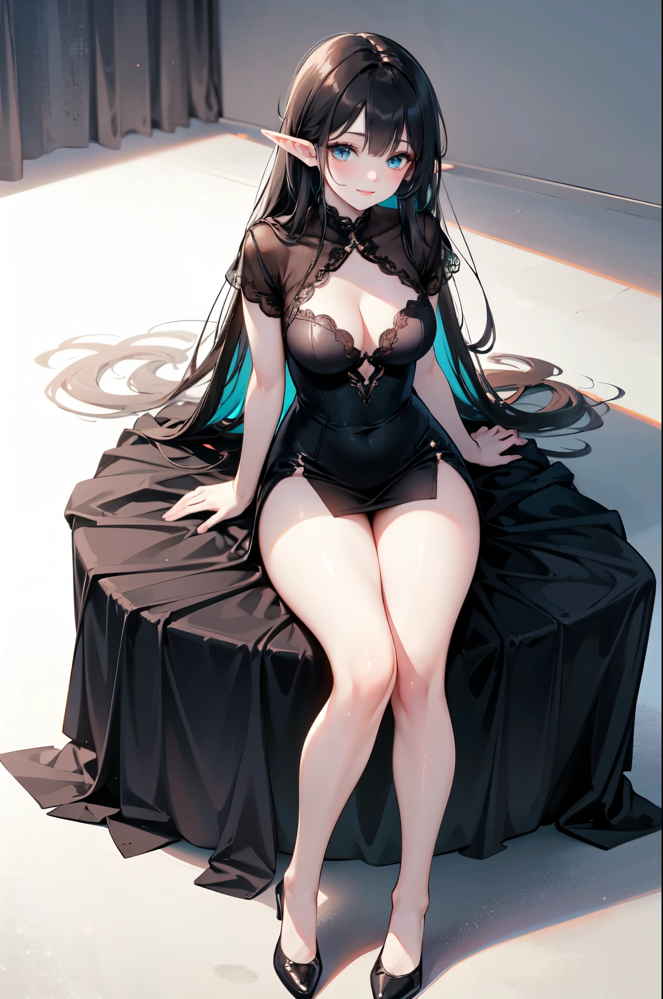 realistic image, detailed image, coherent image, 1 beautiful elf, she has very long hair, black hair, turquoise eyes, smiling, She is wearing a dongtan dress, showing her legs, She has a curvy body, medium breasts and thighs thick, She is sitting, posing sensually, arms hidden behind her back, chest sprouting, back arching, full body view, view from above, Soft focus, Dramatic shadows, Volumetric lighting, natural lighting, artificial lighting, White background,